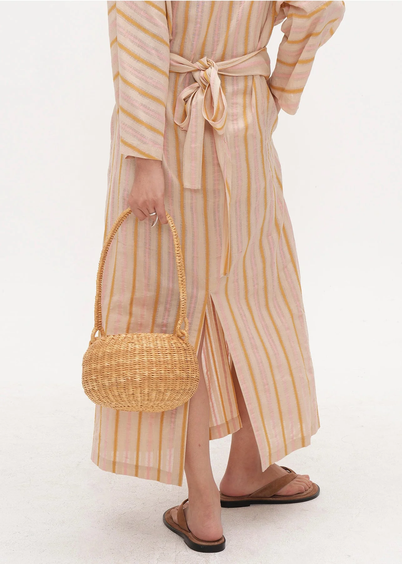 Bohemian Beige Asymmetrical Striped Cotton Tunic Dress Fall - Image 5