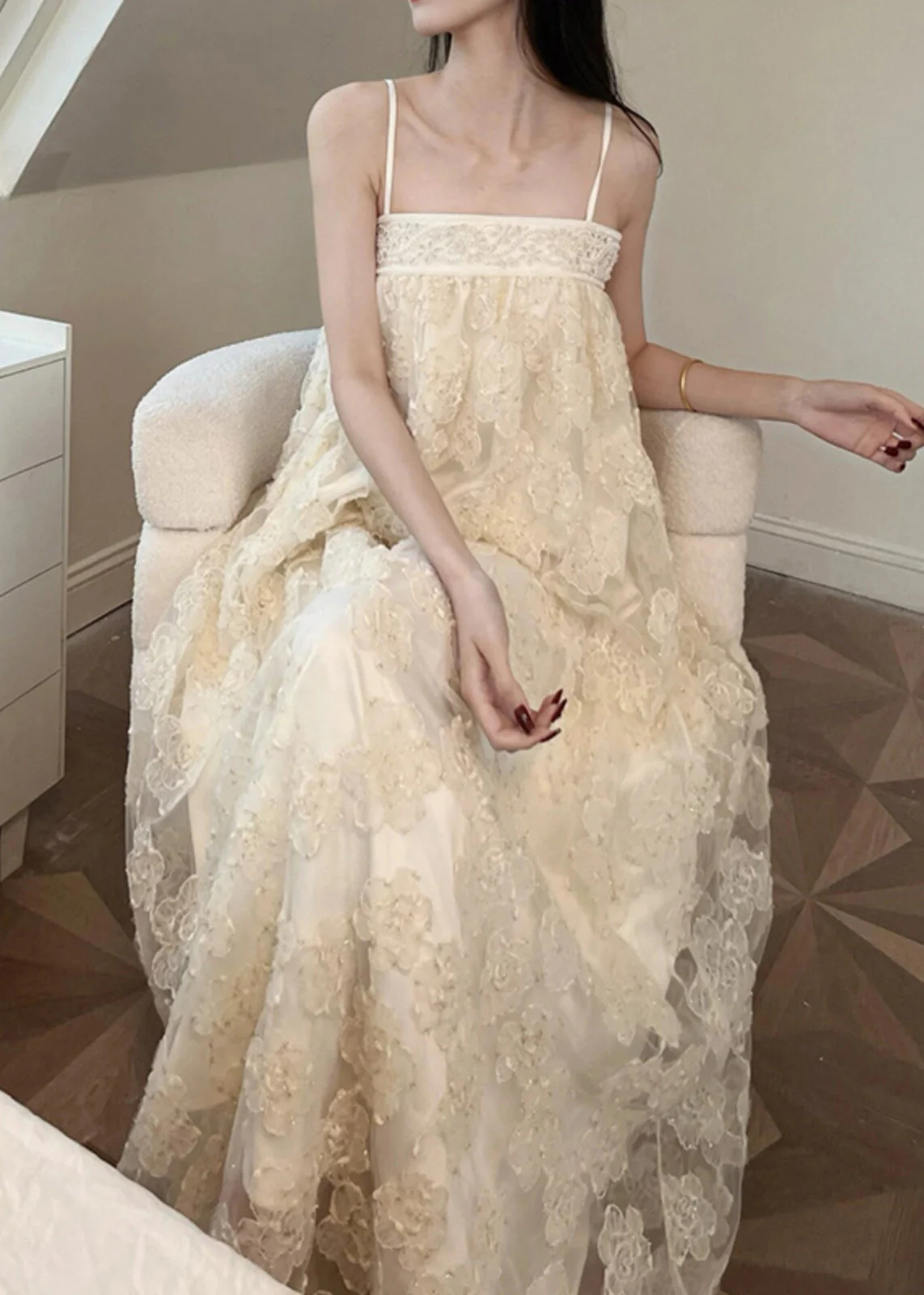 Bohemian Beige Embroidered Tulle Patchwork Long Dresses Sleeveless