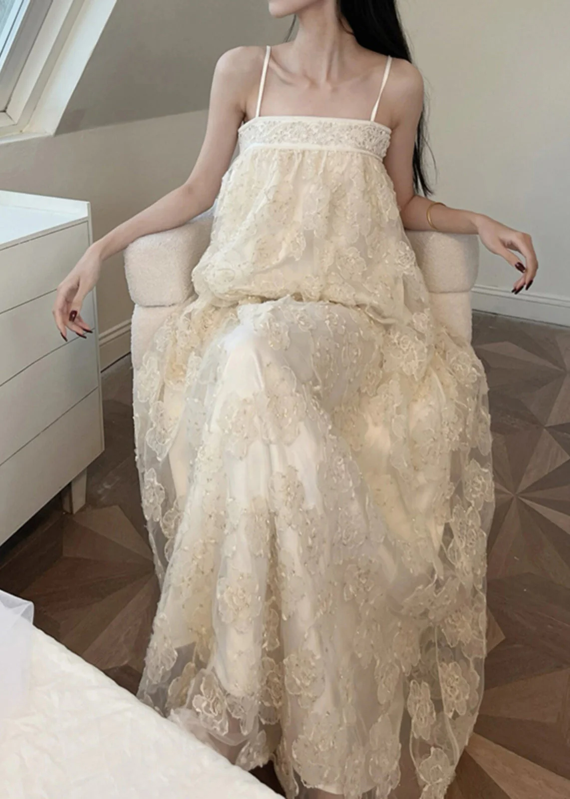 Bohemian Beige Embroidered Tulle Patchwork Long Dresses Sleeveless - Image 2