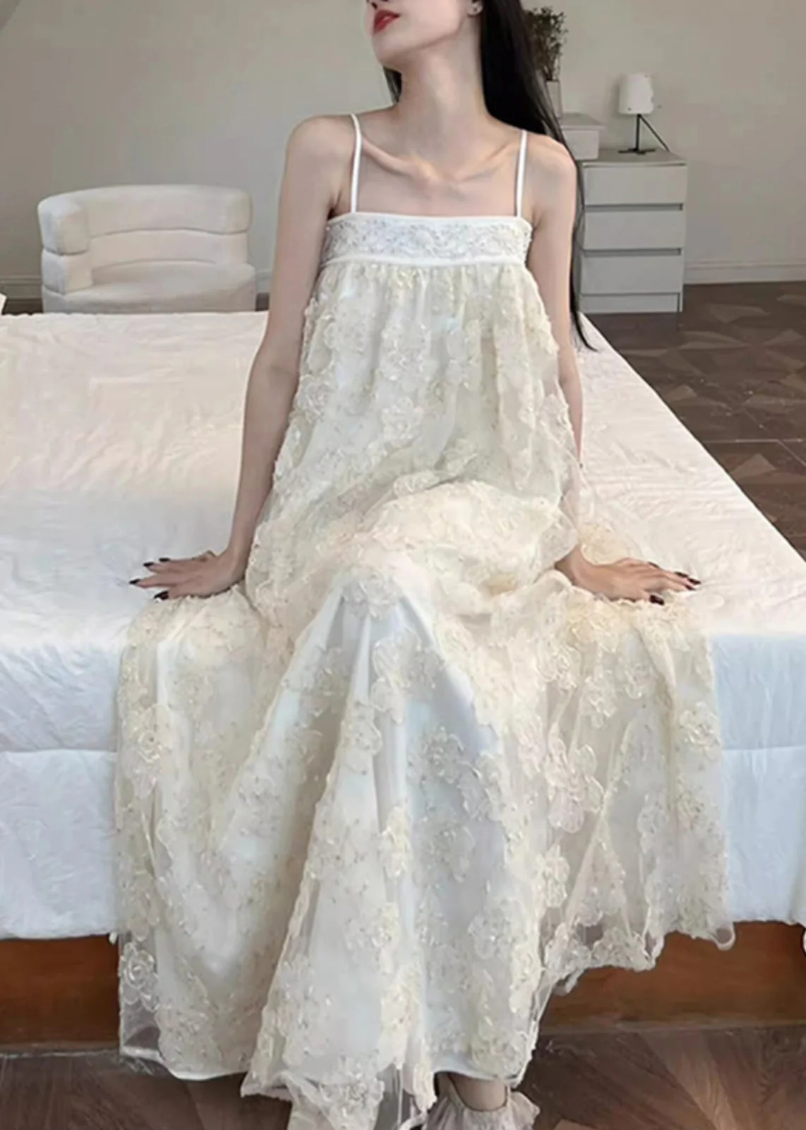 Bohemian Beige Embroidered Tulle Patchwork Long Dresses Sleeveless - Image 3