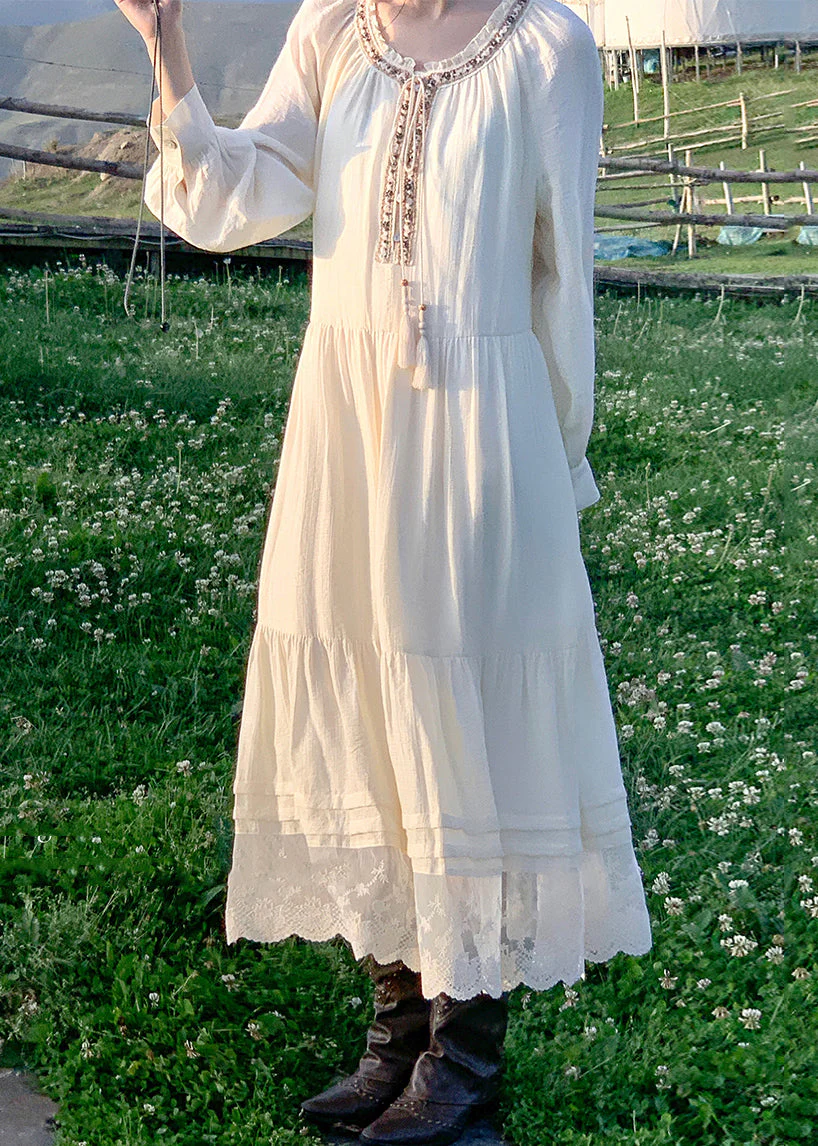Bohemian Beige Lace Patchwork Cotton Long Dress Spring - Image 2