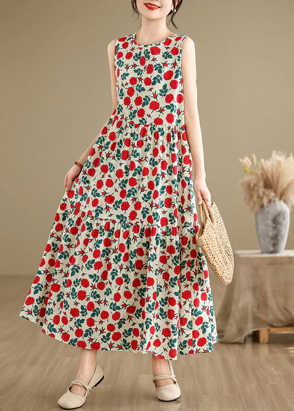Bohemian Beige O Neck Print Cotton Long Dresses Sleeveless