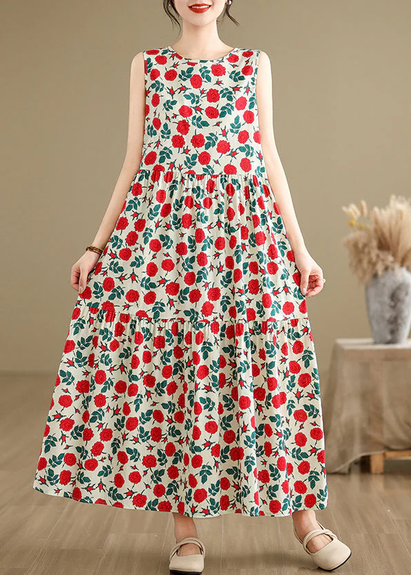 Bohemian Beige O Neck Print Cotton Long Dresses Sleeveless - Image 2