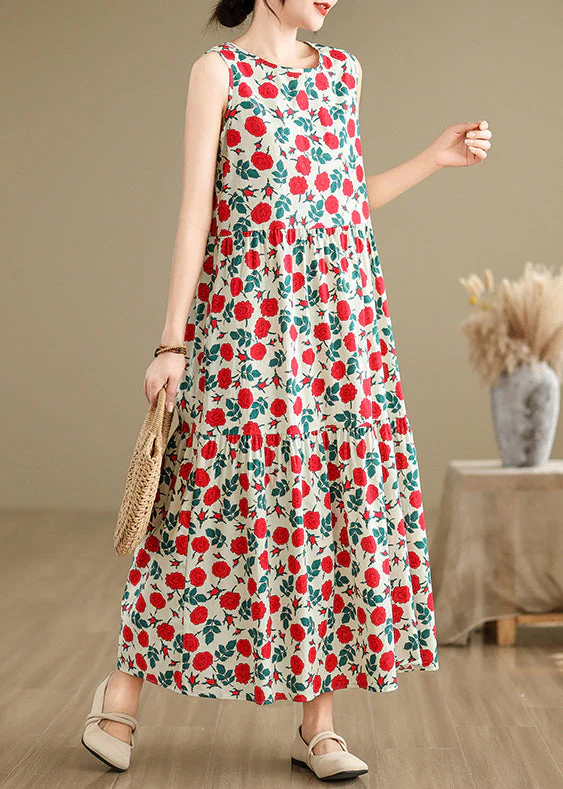 Bohemian Beige O Neck Print Cotton Long Dresses Sleeveless - Image 3