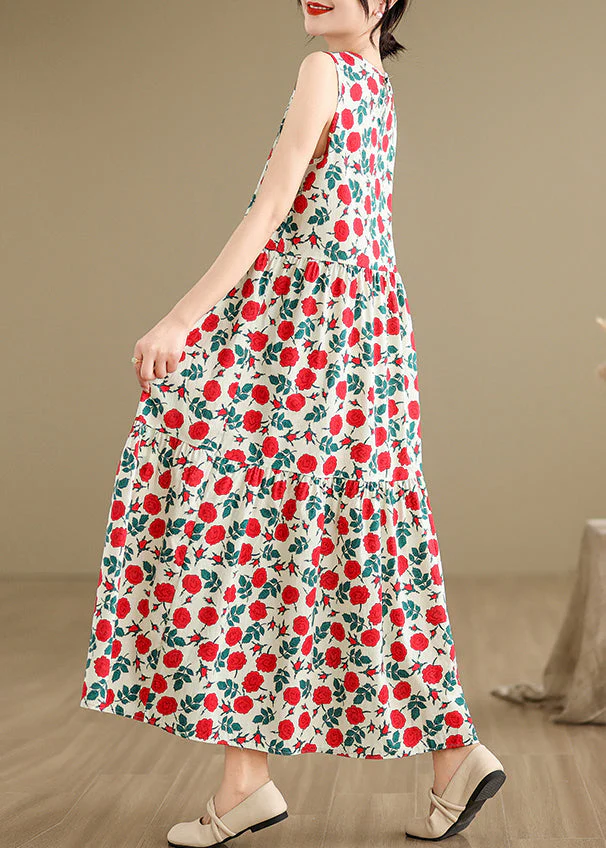 Bohemian Beige O Neck Print Cotton Long Dresses Sleeveless - Image 4