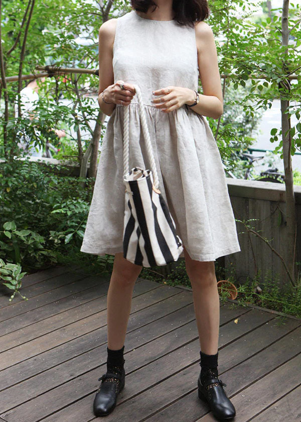 Bohemian Beige O-Neck Wrinkled Cotton Vacation Dress Summer - Image 2