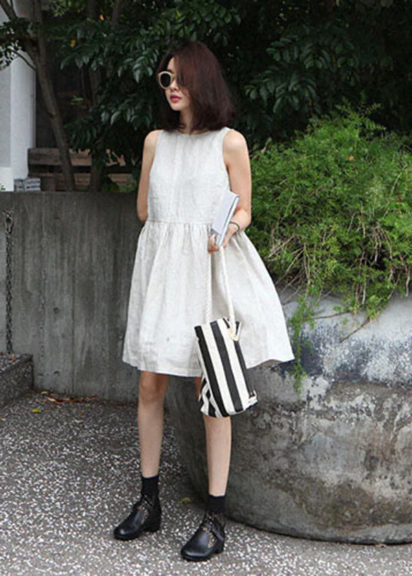 Bohemian Beige O-Neck Wrinkled Cotton Vacation Dress Summer - Image 3