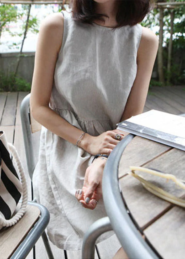Bohemian Beige O-Neck Wrinkled Cotton Vacation Dress Summer - Image 4