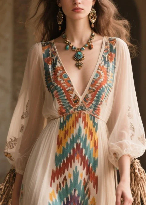 Bohemian Beige Print Draping Chiffon Long Dress Bracelet Sleeve - Image 2