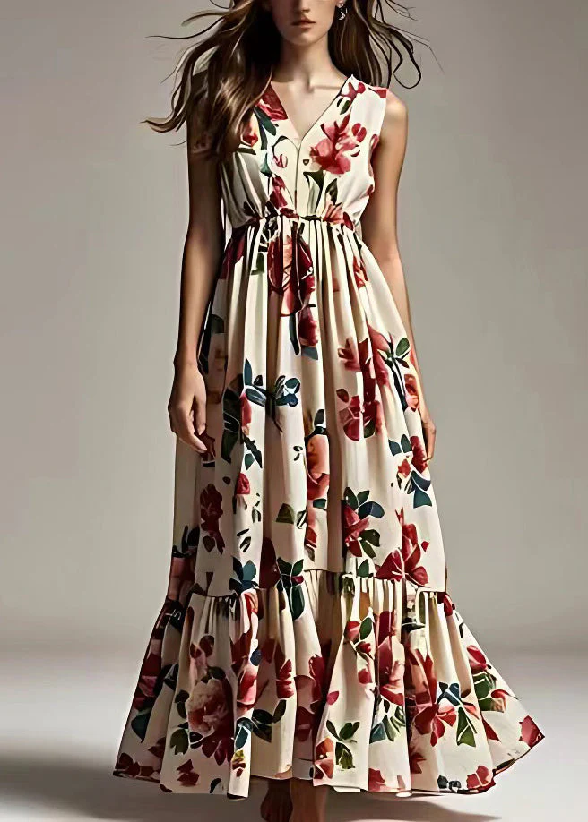 Bohemian Beige Print Wrinkled Cotton Maxi Dresses Sleeveless - Image 2