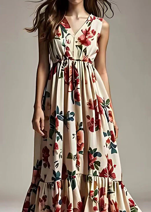 Bohemian Beige Print Wrinkled Cotton Maxi Dresses Sleeveless - Image 3