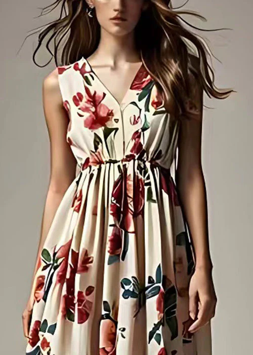 Bohemian Beige Print Wrinkled Cotton Maxi Dresses Sleeveless - Image 4