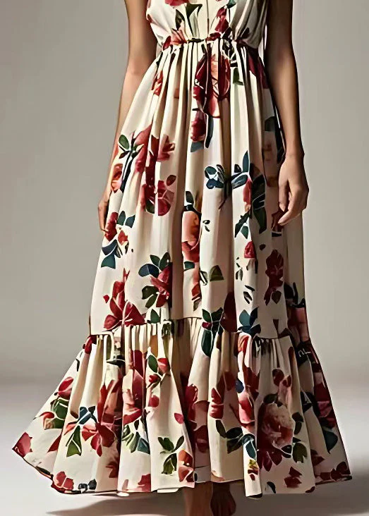 Bohemian Beige Print Wrinkled Cotton Maxi Dresses Sleeveless - Image 5