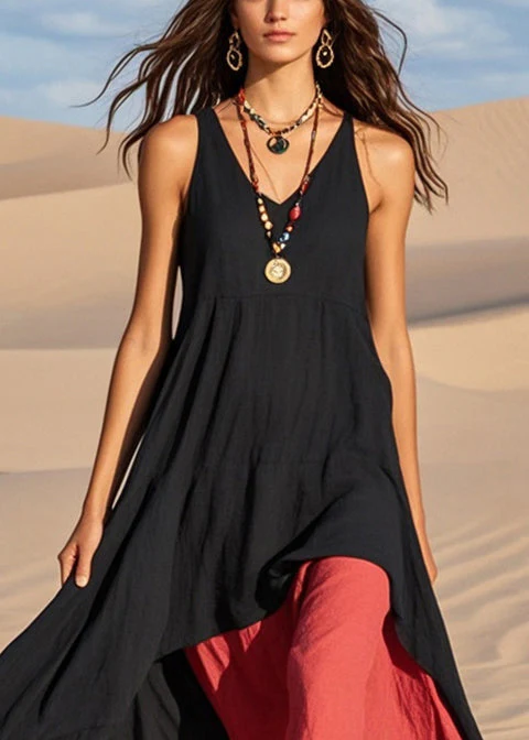 Bohemian Black Asymmetrical Exra Large Hem Cotton Sundress Summer - Image 2