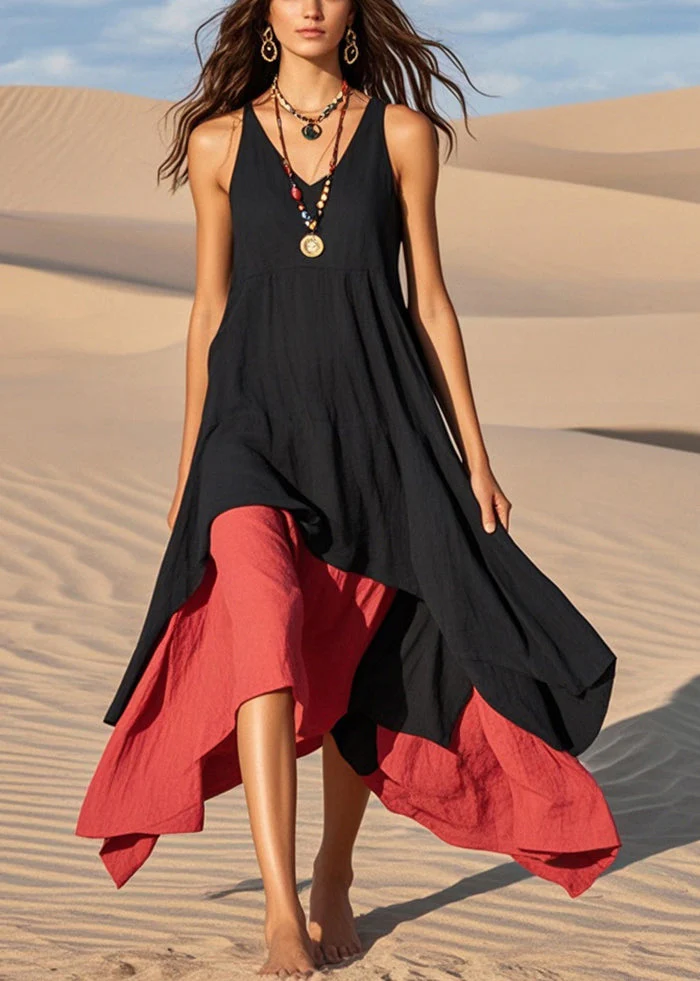 Bohemian Black Asymmetrical Exra Large Hem Cotton Sundress Summer - Image 3