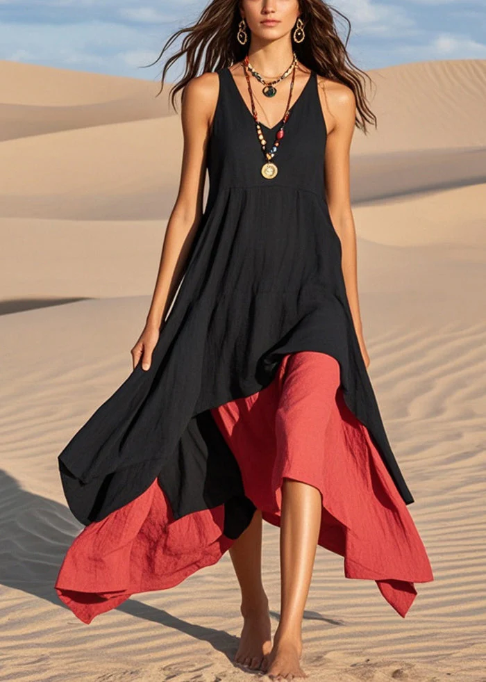 Bohemian Black Asymmetrical Exra Large Hem Cotton Sundress Summer - Image 5