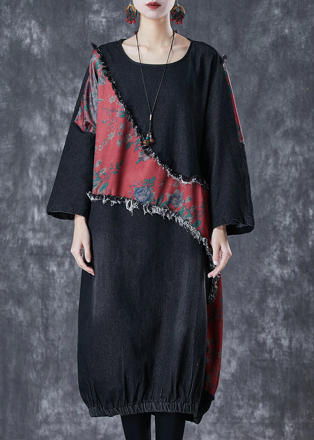 Bohemian Black Asymmetrical Patchwork Denim Holiday Dress Fall - Image 3