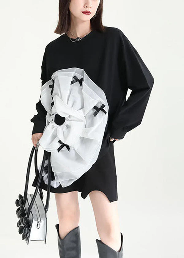 Bohemian Black Asymmetrical Patchwork Tulle Applique Cotton Sweatshirts Dress Fall - Image 4