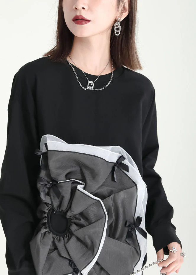 Bohemian Black Asymmetrical Patchwork Tulle Applique Cotton Sweatshirts Dress Fall - Image 5