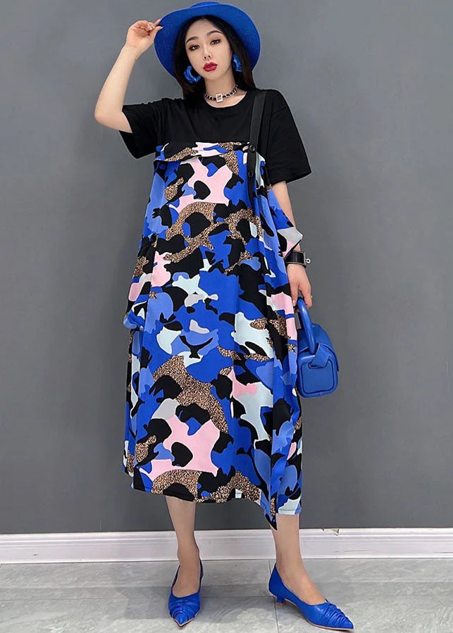 Bohemian Black Blue Patchwork Pritn Cotton Long Dresses Short Sleeve - Image 2