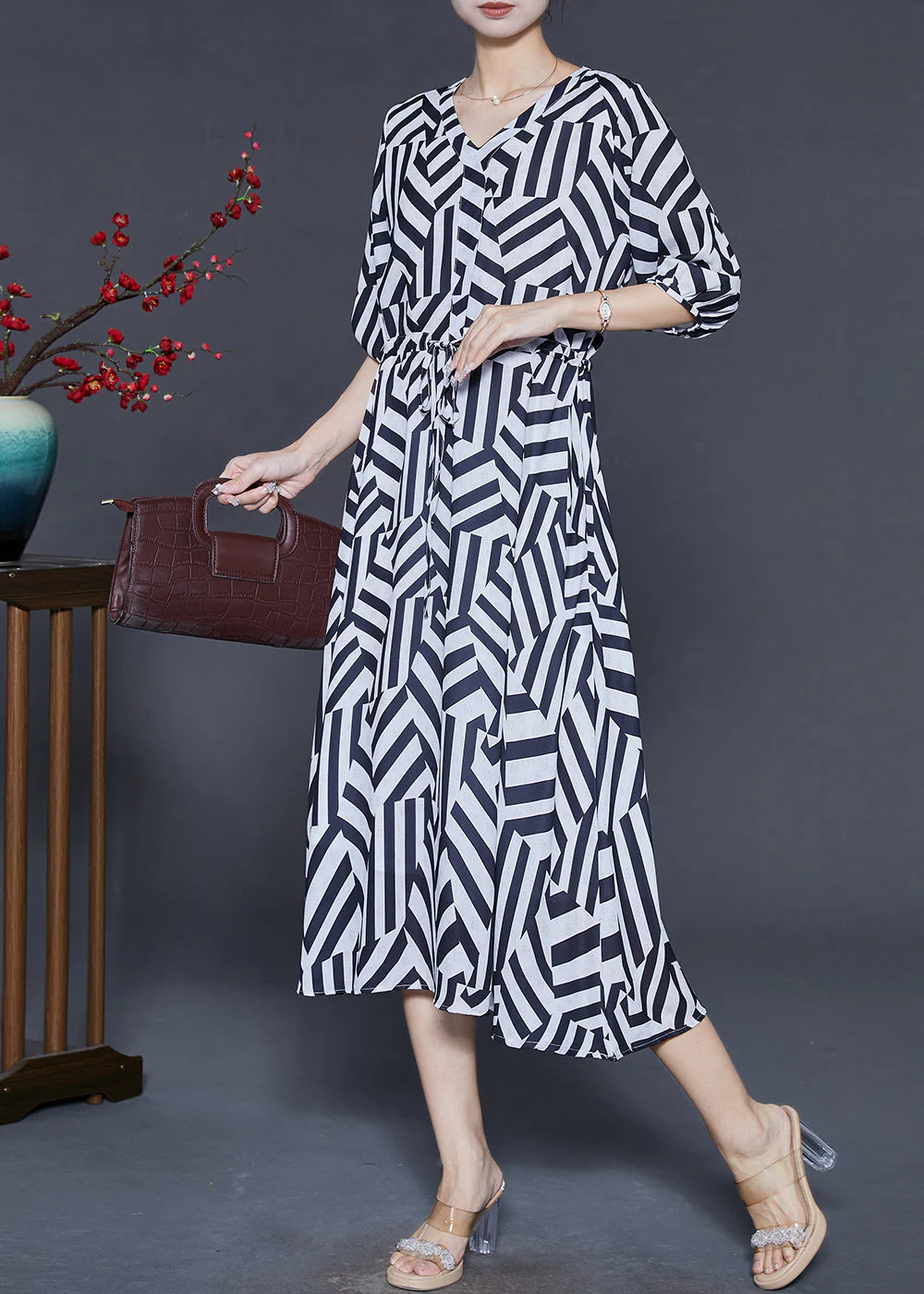 Bohemian Black Cinched Striped Chiffon Dress Summer - Image 2