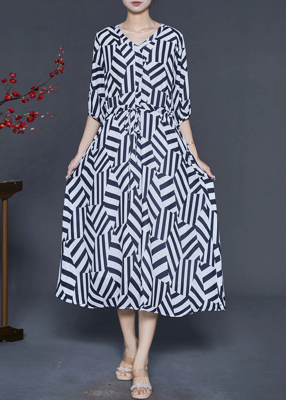 Bohemian Black Cinched Striped Chiffon Dress Summer - Image 3