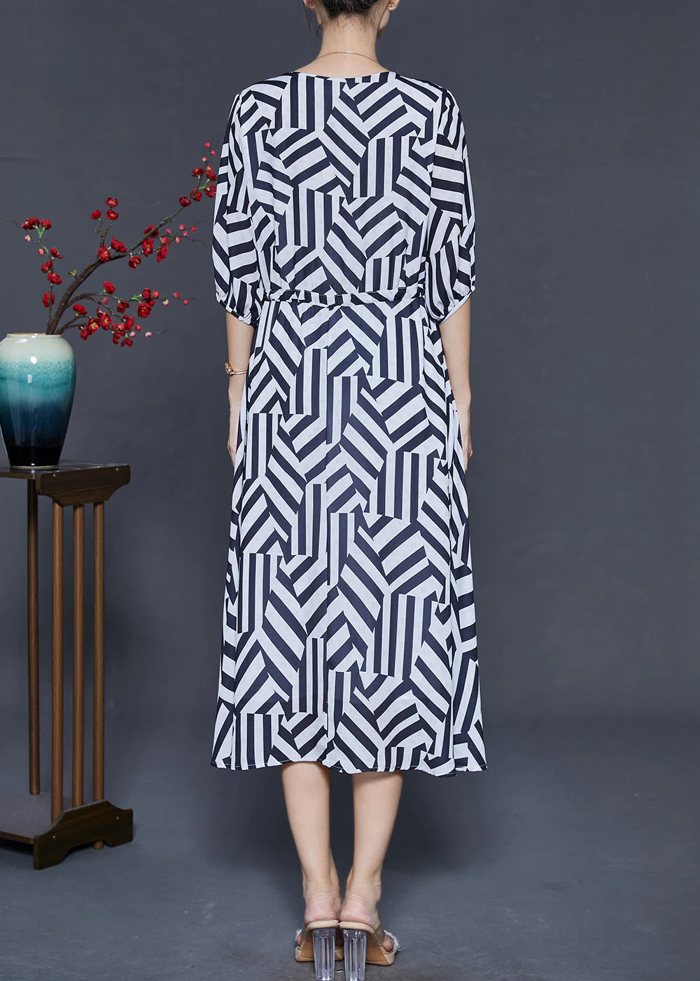 Bohemian Black Cinched Striped Chiffon Dress Summer - Image 4