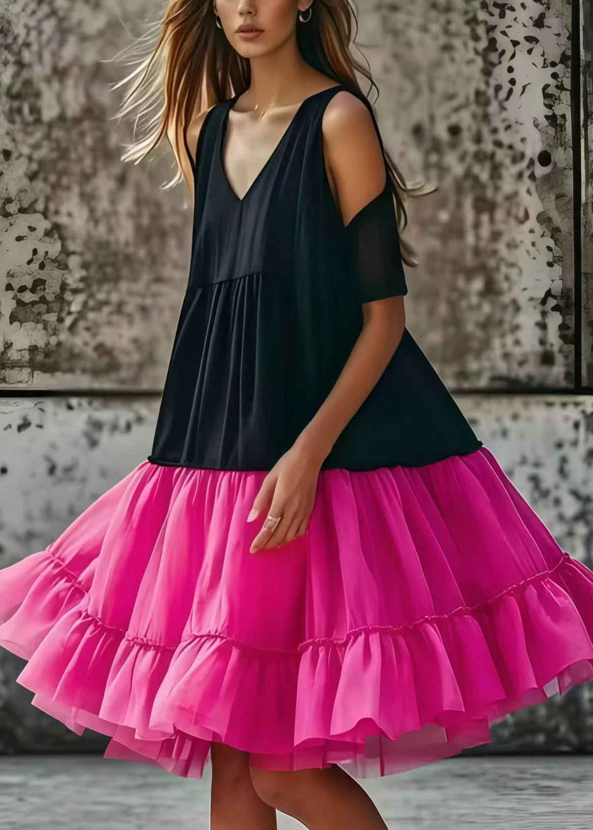Bohemian Black Cold Shoulder Tulle Patchwork Cotton Tea Dress Summer - Image 5