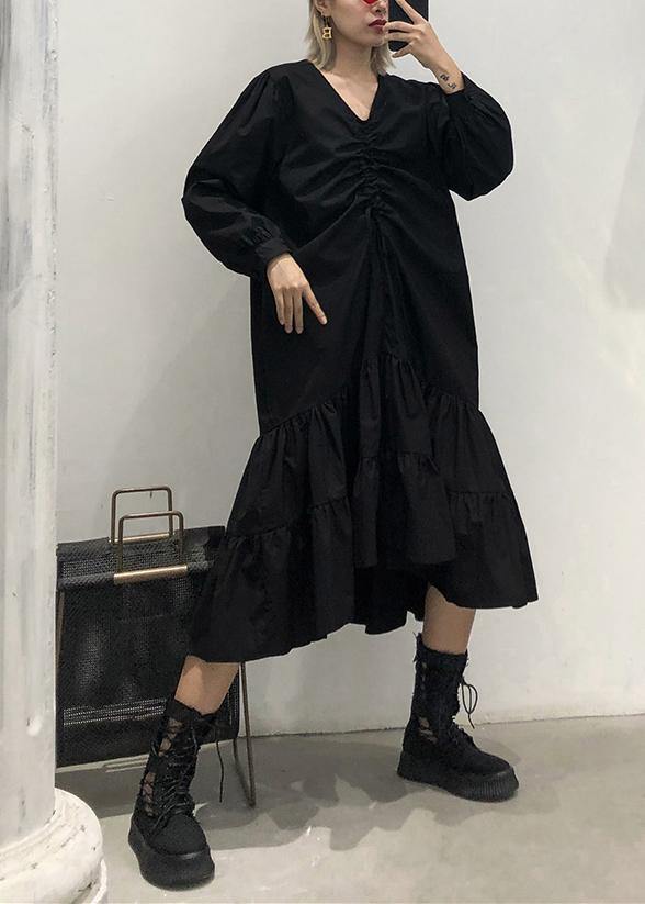 Bohemian black cotton clothes For Women Ruffles Cinched Plus Size v neck Dress - Image 2