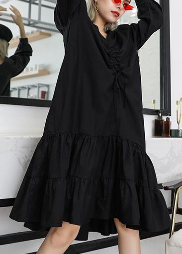 Bohemian black cotton clothes For Women Ruffles Cinched Plus Size v neck Dress - Image 3