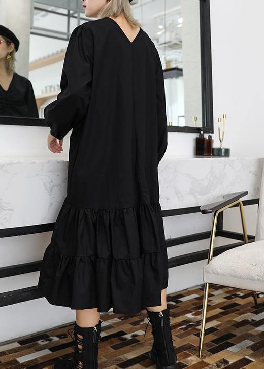 Bohemian black cotton clothes For Women Ruffles Cinched Plus Size v neck Dress - Image 4