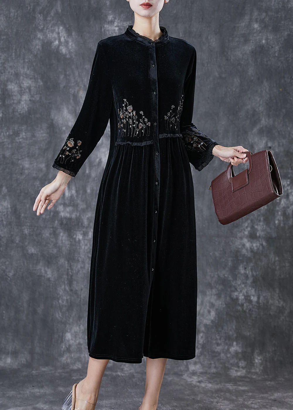 Bohemian Black Embroidered Ruffled Silk Velour Dress Spring - Image 3