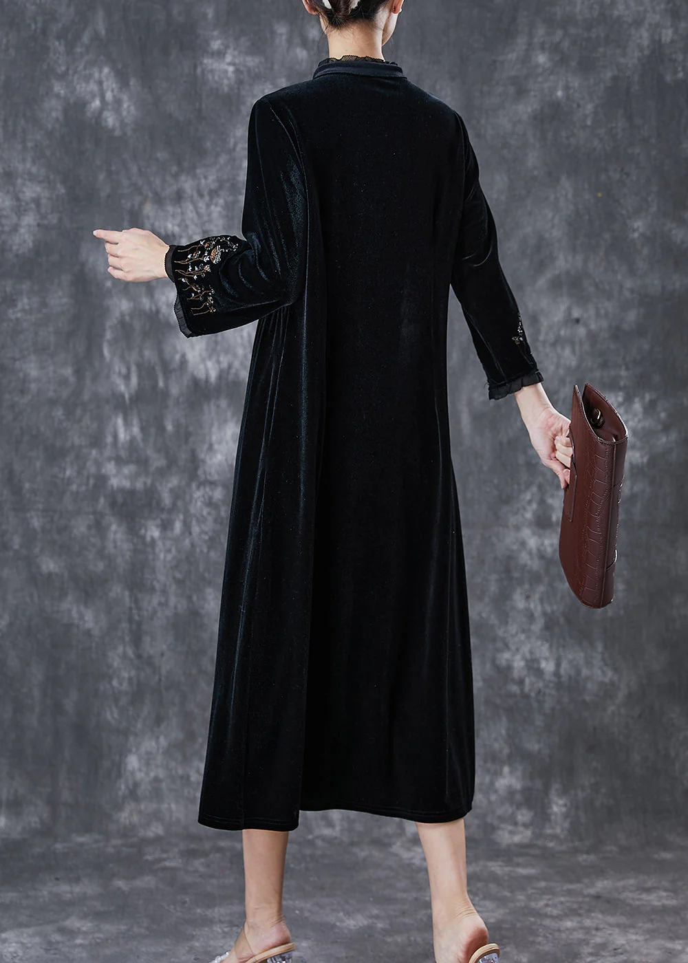 Bohemian Black Embroidered Ruffled Silk Velour Dress Spring - Image 4