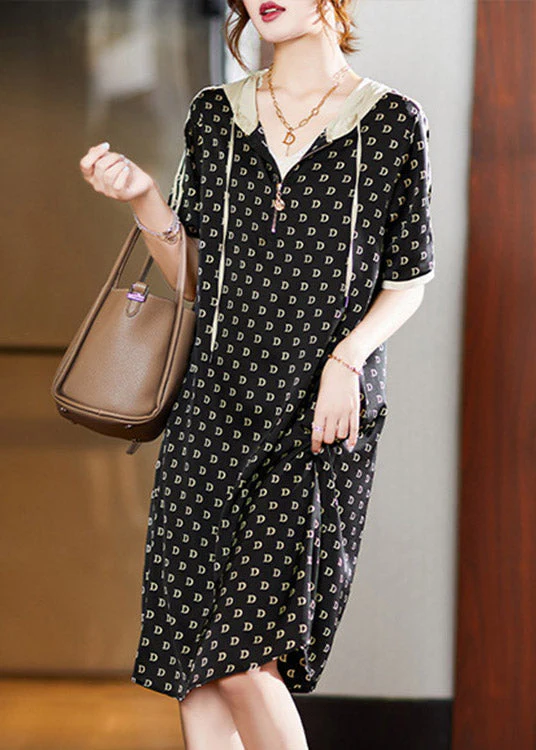 Bohemian Black Graphic Print Patchwork Neck Tie Hooded Maxi Dresses Short Sleeve - Image 2