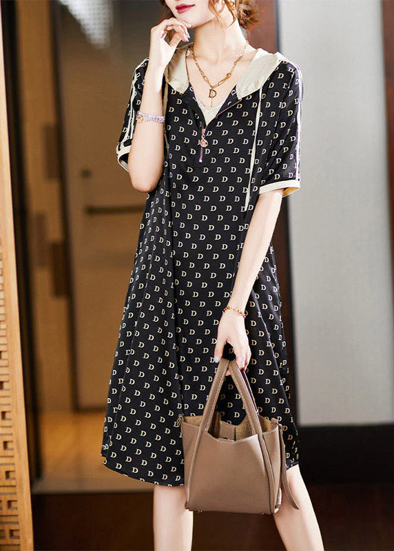 Bohemian Black Graphic Print Patchwork Neck Tie Hooded Maxi Dresses Short Sleeve - Image 3