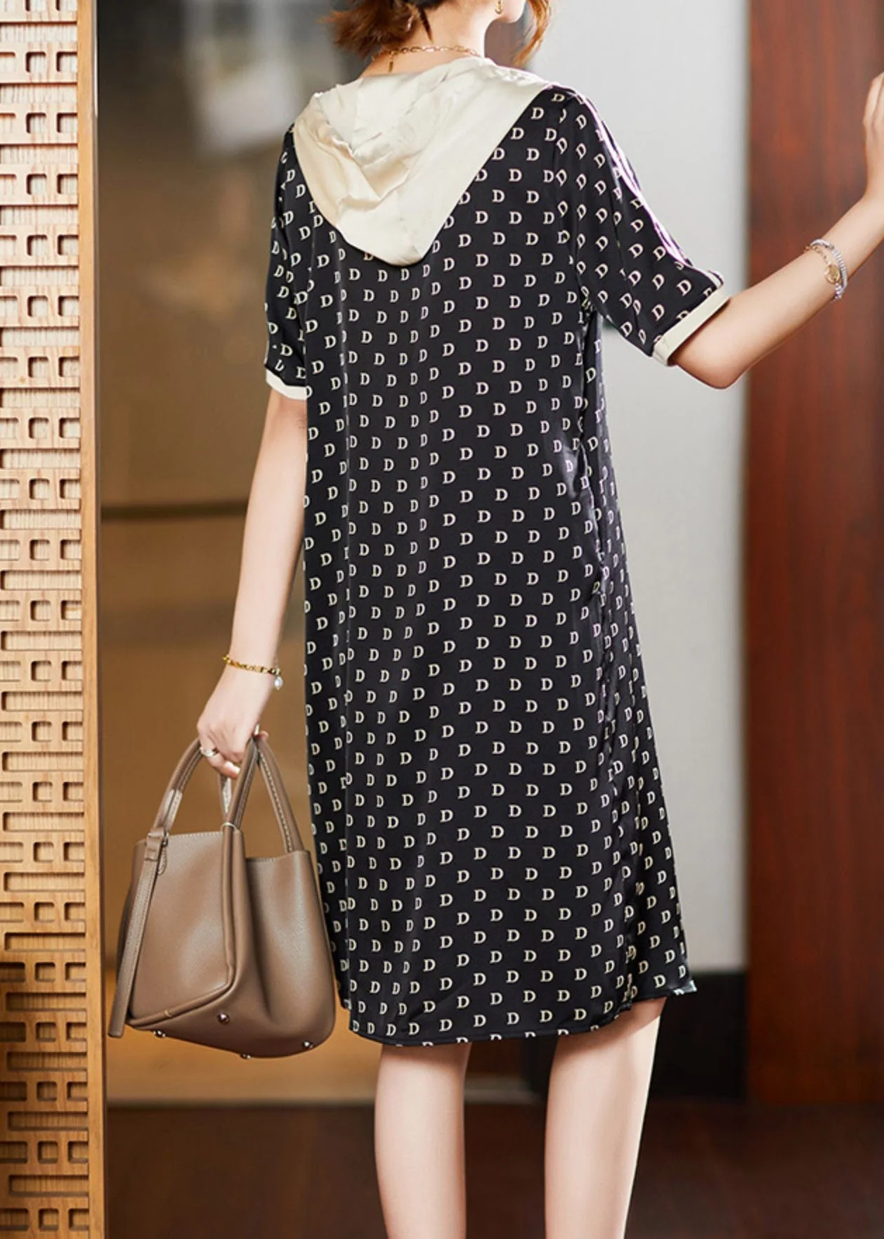 Bohemian Black Graphic Print Patchwork Neck Tie Hooded Maxi Dresses Short Sleeve - Image 4