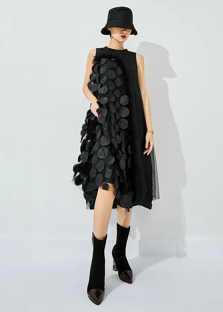 Bohemian Black-Green Dot Asymmetrical Patchwork Wrinkled Tulle Maxi Dress Sleeveless - Image 12