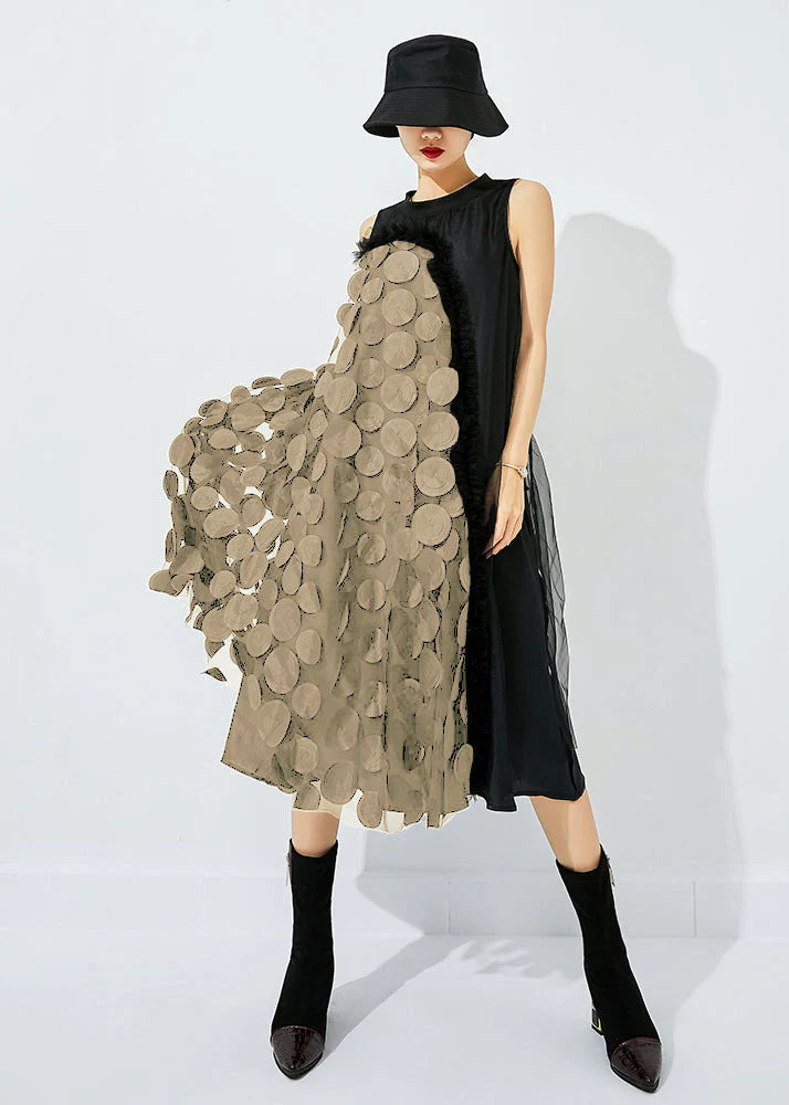 Bohemian Black-Green Dot Asymmetrical Patchwork Wrinkled Tulle Maxi Dress Sleeveless - Image 5