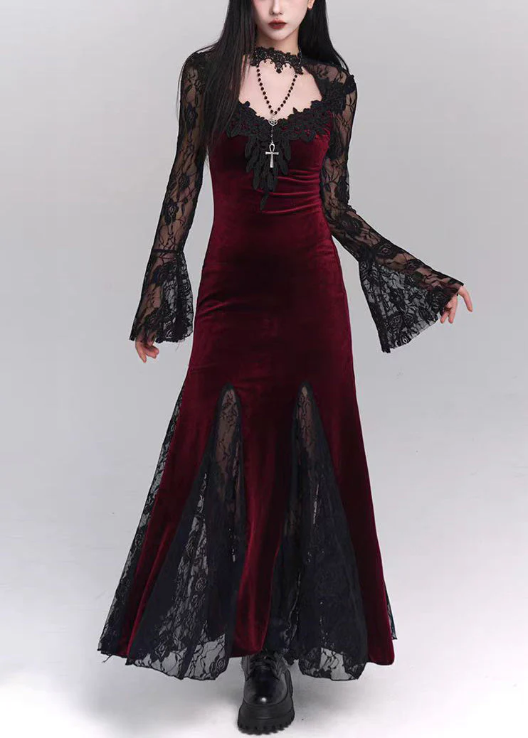 Bohemian Black Hollow Out Lace Patchwork Silk Velvet Maxi Dresses Flare Sleeve - Image 2