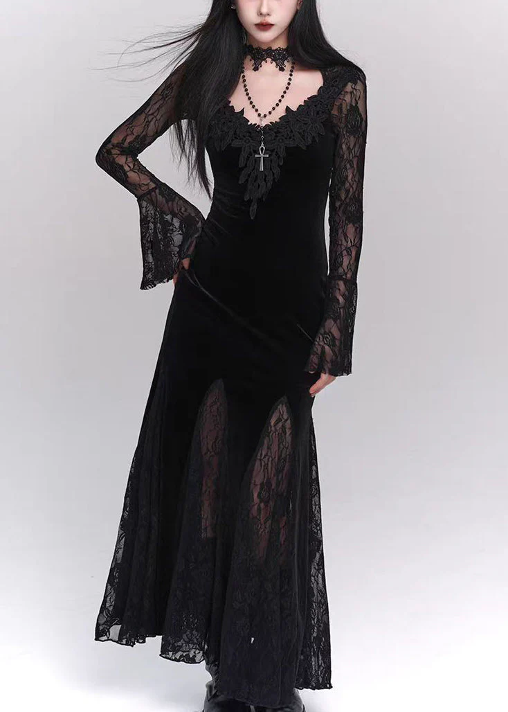 Bohemian Black Hollow Out Lace Patchwork Silk Velvet Maxi Dresses Flare Sleeve - Image 3
