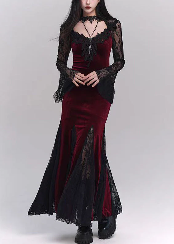 Bohemian Black Hollow Out Lace Patchwork Silk Velvet Maxi Dresses Flare Sleeve - Image 4
