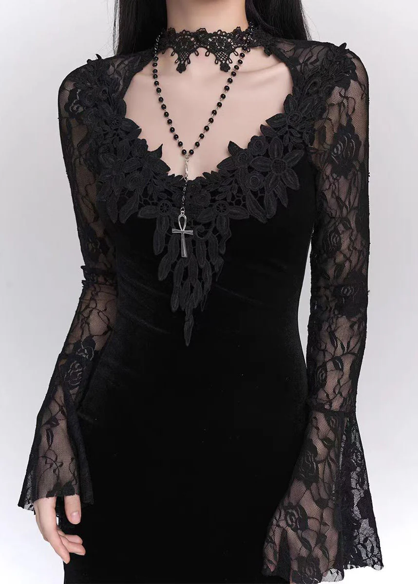 Bohemian Black Hollow Out Lace Patchwork Silk Velvet Maxi Dresses Flare Sleeve - Image 5