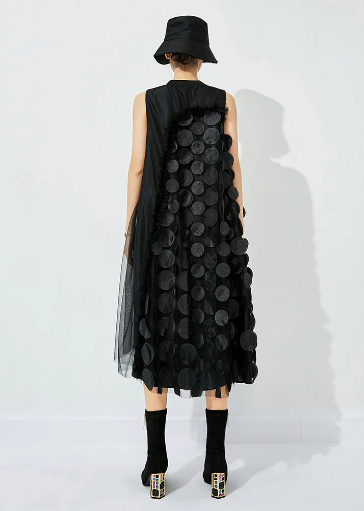 Bohemian Black-Khaki Dot Asymmetrical Patchwork Wrinkled Tulle Maxi Dress Sleeveless - Image 10