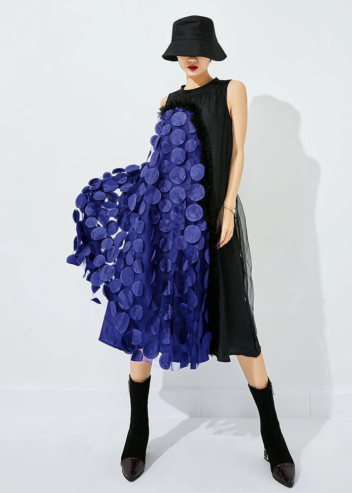 Bohemian Black-Khaki Dot Asymmetrical Patchwork Wrinkled Tulle Maxi Dress Sleeveless - Image 14