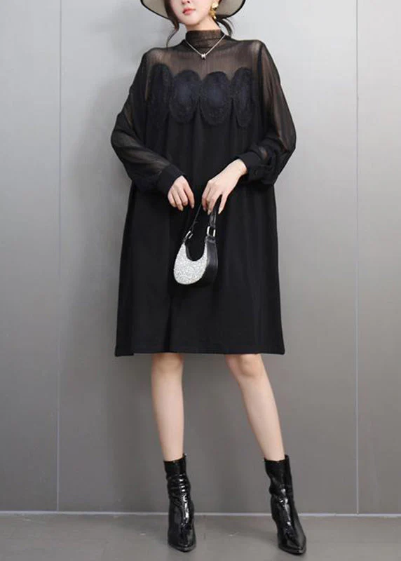 Bohemian Black Lace Patchwork Tulle Long Dress Spring - Image 2