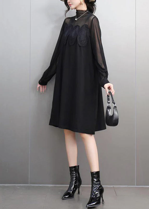 Bohemian Black Lace Patchwork Tulle Long Dress Spring - Image 3