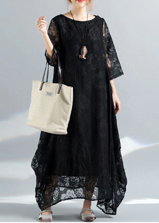 Bohemian Black O-Neck Embroideried Lace Long Dress Bracelet Sleeve - Image 3