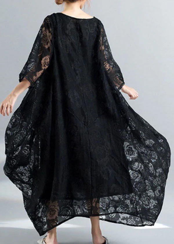 Bohemian Black O-Neck Embroideried Lace Long Dress Bracelet Sleeve - Image 4