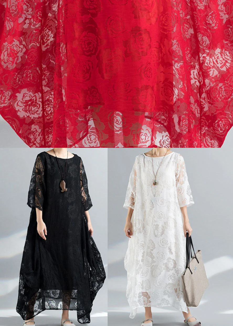Bohemian Black O-Neck Embroideried Lace Long Dress Bracelet Sleeve - Image 5