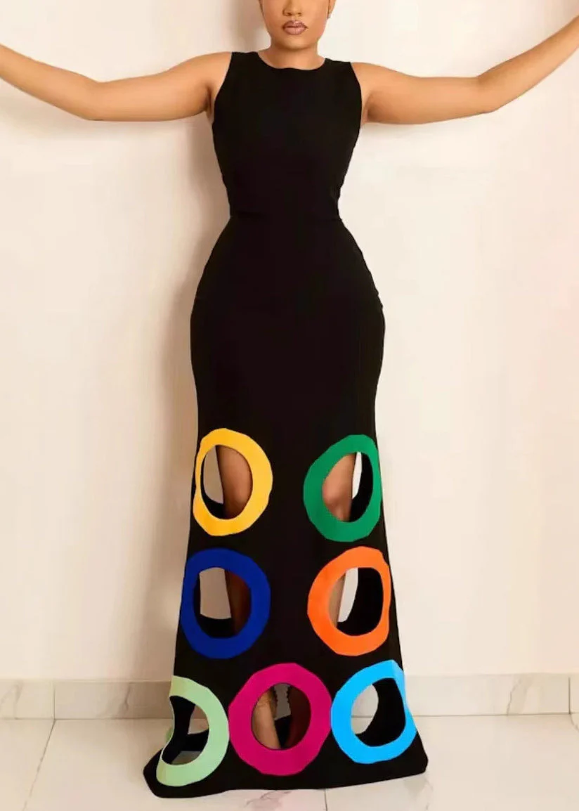 Bohemian Black O-Neck Hollow Out Maxi Dresses Sleeveless - Image 2